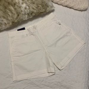 5” Inseam Mid Rise White Khaki City Shorts.